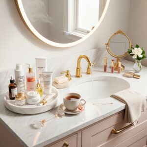 Clean and aesthetic blush bathroom counter with luxury skincare products and white flowers.