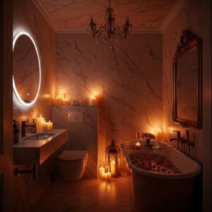 Open medicine cabinet showing organized skincare and health products in a blush bathroom.