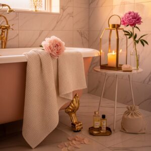 Luxury bathtub tray with candles and flowers in a dimly lit, romantic bathroom.