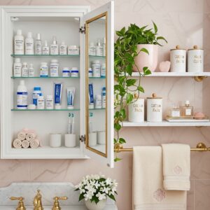 Gold towel ladder with plush white and blush towels and a waffle-knit spa robe.