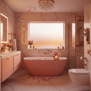 Dreamy candlelit bathroom featuring a pink tub and a sparkling crystal chandelier.