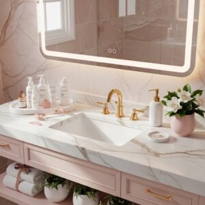 Large bouquet of pink peonies and baby's breath on a white marble bathroom counter.