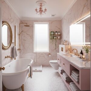 Overhead bird's eye view of a small luxury blush bathroom with marble tiling and gold accents.