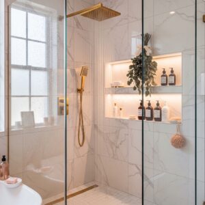 Dark candlelit bathroom with rose-colored tub and romantic chandelier lighting.