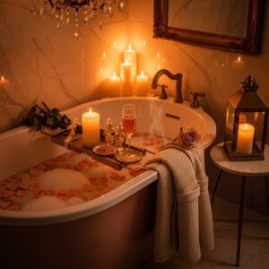 Modern bathroom vanity featuring a glowing LED lit mirror and gold hardware.