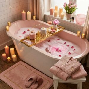 Elegant freestanding blush pink soaking bathtub filled with bubble bath foam, luxury bath bombs, gold caddy tray, and white candles by a bright window.