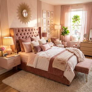Ultra-luxurious blush pink bedroom interior featuring a tufted velvet headboard, gold sunburst mirror, matching bedding, and an elegant velvet storage bench at the foot of the bed.