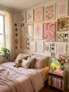 Elegant bedroom gallery wall featuring a curated layout of aesthetic pink pastel botanical art prints in gold metallic frames styled neatly above a soft pink linen bed setup.