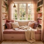 Cozy window reading nook layout with a blush pink velvet bench seat, built-in white bookshelves filled with pink books, and a textured knit throw blanket.