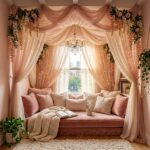 High-end elegant window daybed framed by cascading blush pink canopy drapes, wisteria flowers, a crystal chandelier, and warm fairy lights.