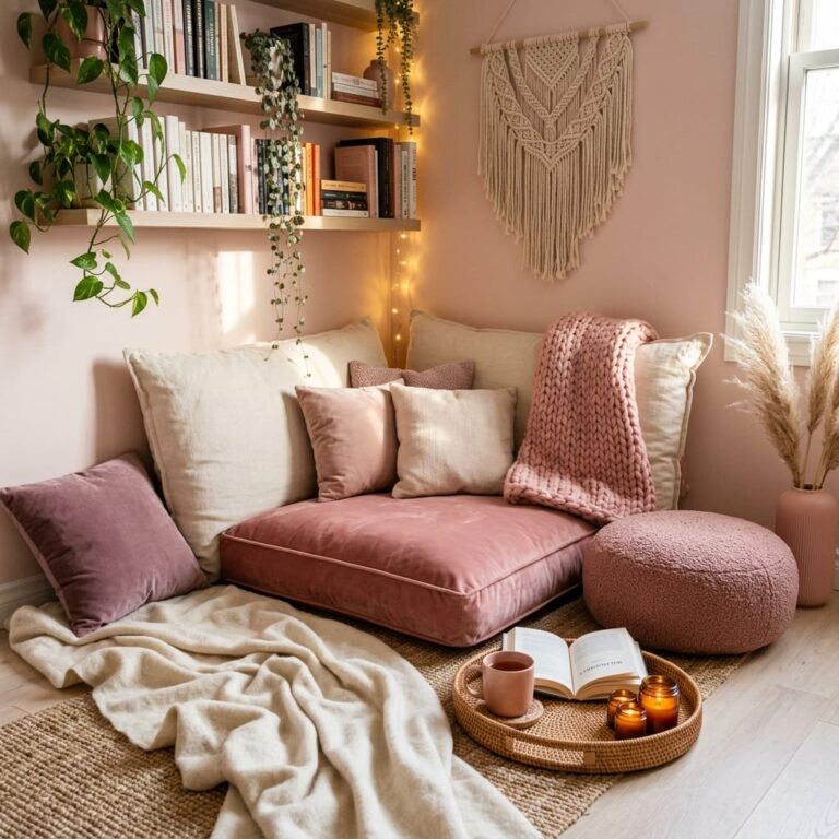 Relaxed boho style reading corner with a plush pink velvet floor cushion, cream accent pillows, trailing green plants on shelves, and a macrame wall hanging.