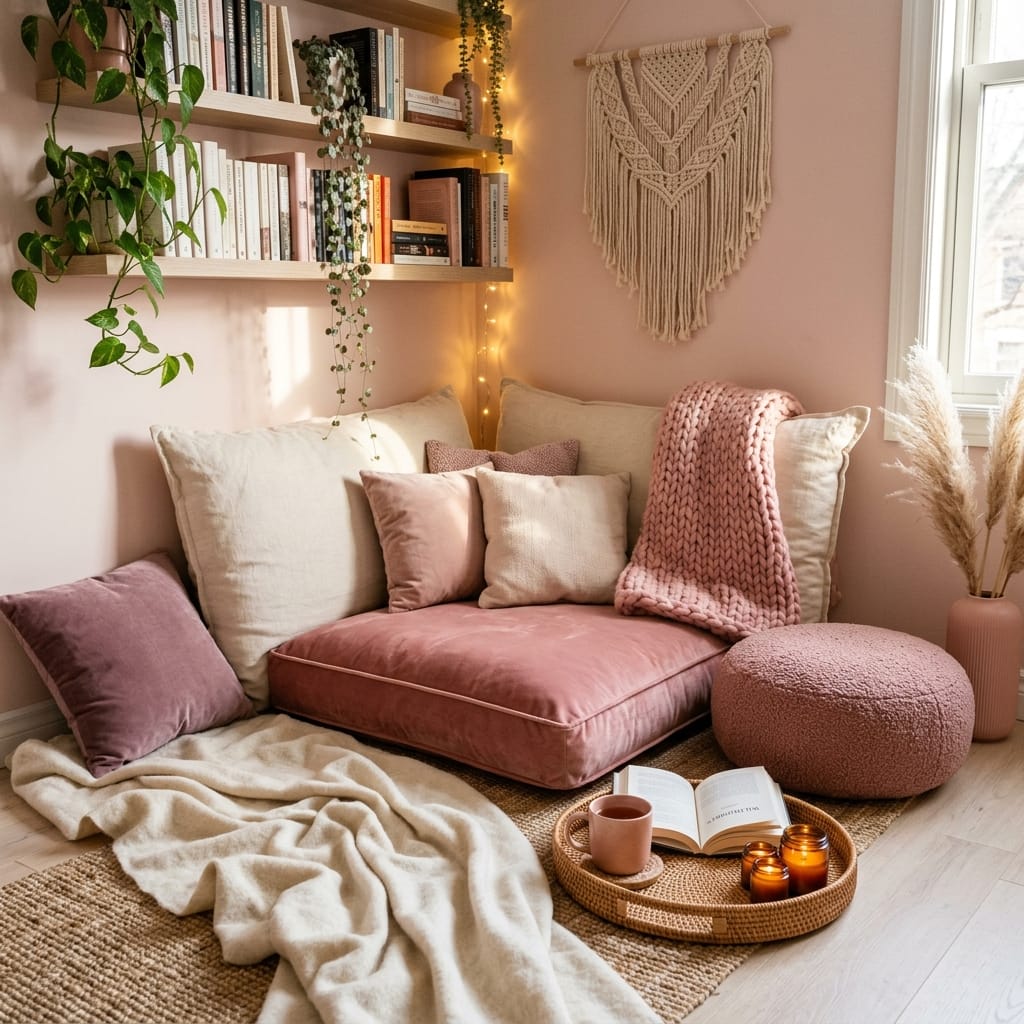 Relaxed boho style reading corner with a plush pink velvet floor cushion, cream accent pillows, trailing green plants on shelves, and a macrame wall hanging.