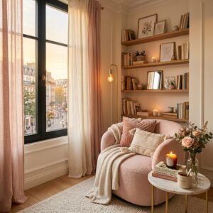 Cozy reading nook with a pink boucle chair, gold floor lamp, and built-in bookshelves by a window.