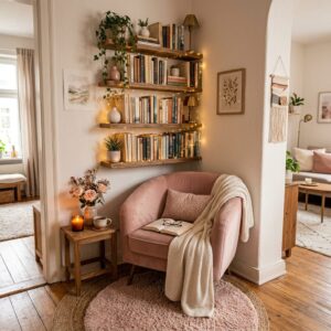 Small apartment reading corner with a pink velvet armchair, floating bookshelves, and fairy lights.