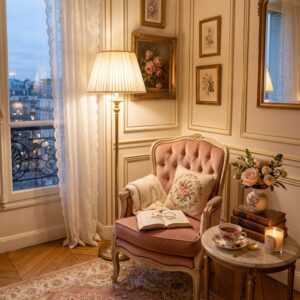 Vintage style reading nook with a dusty pink armchair, ornate gold frames, and a marble side table.
