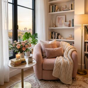 Modern reading nook with a pink swivel chair, marble bistro table, and city sunset view.