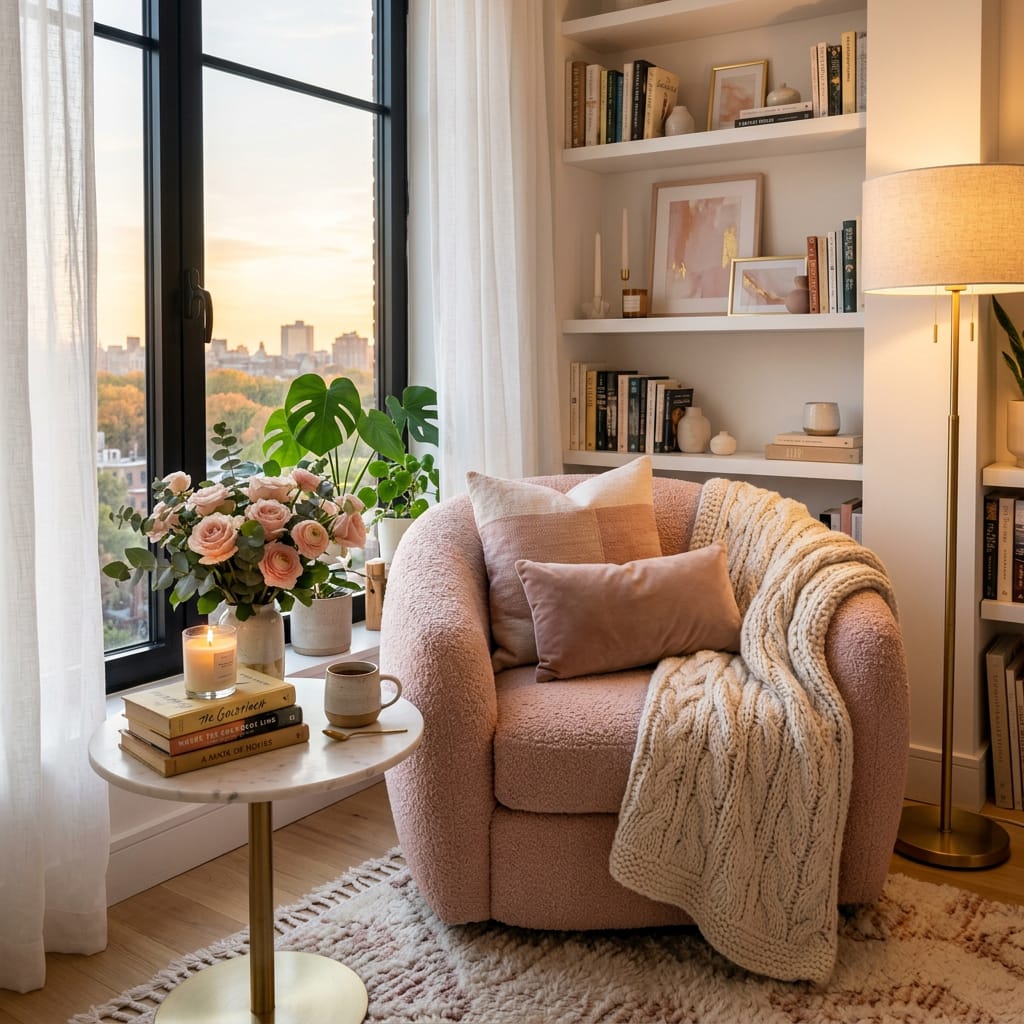 Modern reading nook with a pink swivel chair, marble bistro table, and city sunset view.