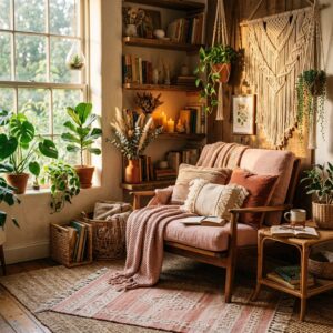 Boho-chic reading corner with a wooden armchair, macrame wall hanging, and plenty of indoor plants.