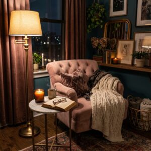 Moody aesthetic reading nook with dark teal walls, a pink tufted chair, and warm candlelight.