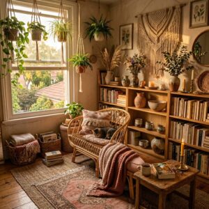Sunlight-filled reading nook featuring a rattan daybed, wooden bookshelves, and hanging plants.