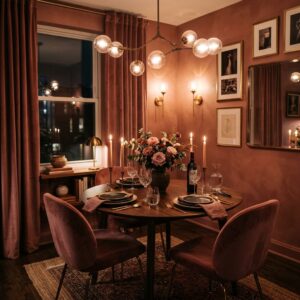 Moody romantic dining room with terracotta walls, velvet chairs, and globe lighting.