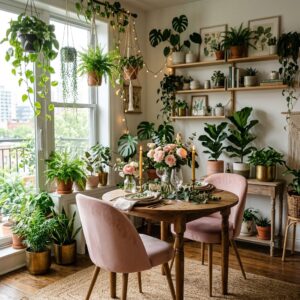 Small apartment dining area with pink velvet chairs, indoor plants, and boho wall decor.