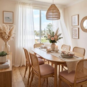 Airy Scandinavian dining room with cane chairs, linen table runner, and woven pendant light.