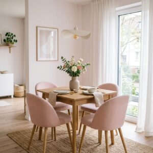 Minimalist small dining set with pink fabric chairs and a wavy modern pendant light.