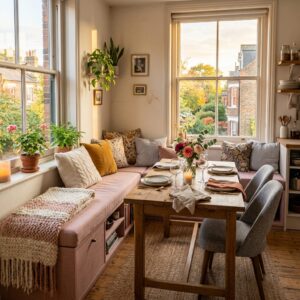 Cozy window seat dining nook with pink cushions, wooden table, and garden views.