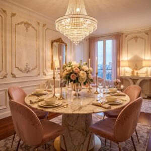 Grand luxury dining room with marble table, pink velvet chairs, and a massive crystal chandelier.