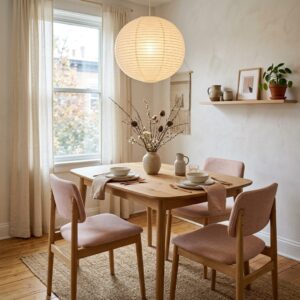 Simple Scandinavian wooden dining table with pink chairs and a large paper lantern light.