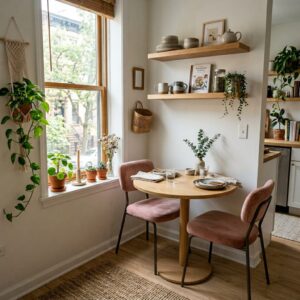 Small kitchen corner dining table for two with pink velvet chairs and plant-filled window.