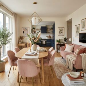 Open plan living and dining room with pink sofa, wooden table, and geometric gold lighting.