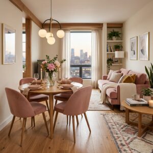 Small apartment layout with pink velvet dining chairs and matching pink sofa in a cozy space.