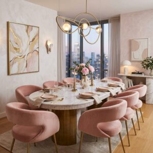 Modern oval marble dining table with curved pink chairs and abstract wall art.
