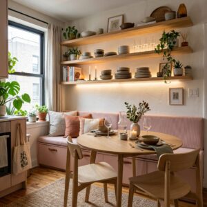 Built-in breakfast nook with pink cushions and floating shelves for small kitchen storage.