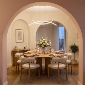 Modern luxury dining room with arched doorways, round wooden table, and curved white chairs.