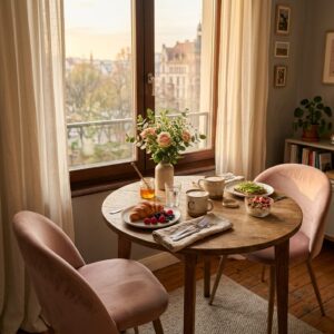 Small round wooden bistro table for two by a window with a cozy breakfast setup.