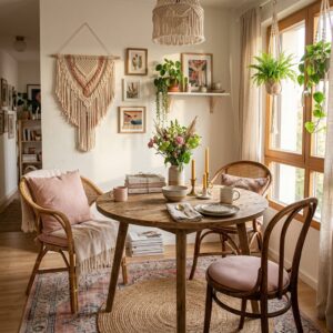 Boho dining corner with macramé wall hanging, rattan chairs, and floating plant shelves.