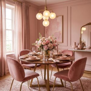 Elegant blush pink dining room with gold chandelier, velvet chairs, and floral centerpiece.