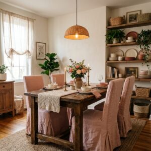 Rustic small dining room with wooden table, pink slipcovered chairs, and open shelving.