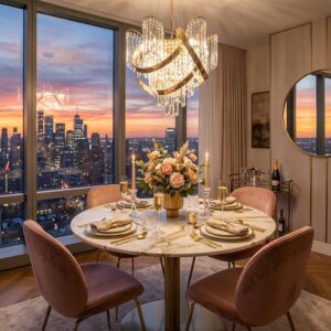 High-end city apartment dining room with marble table, pink chairs, and skyline view.