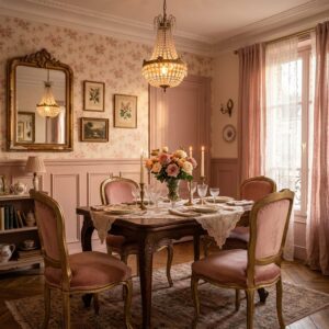 Vintage style dining room with floral wallpaper, crystal chandelier, and pink velvet seating.