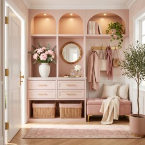 A custom blush pink mudroom wall with open coat hanging space and built in shoe cubbies