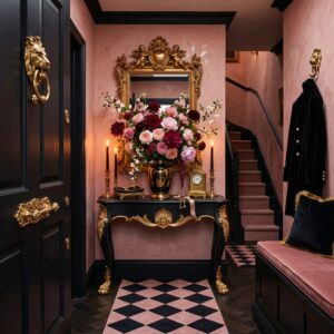 A luxury hallway featuring a black statement door gold lion knockers and a pink runner rug
