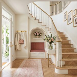 A cozy entryway decorated with a winter wreath a gold lantern and a pink plaid rug