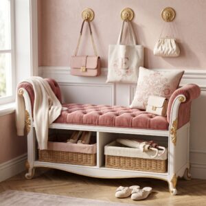 A bright entryway featuring a large abstract floral canvas in gold and pink above a marble console