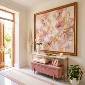 A luxury white and gold entryway bench with pink tufted seating and wicker storage baskets