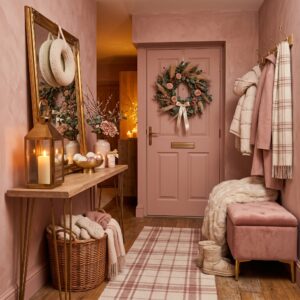 A boho style blush entryway with a macrame wall hanging jute rug and natural wood console