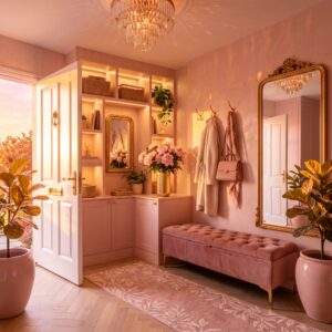 A boho style blush entryway with a macrame wall hanging jute rug and natural wood console